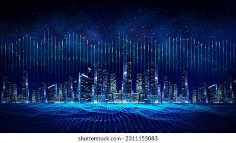 Metaverse smart technology city. Digital futuristic data skyscrapers on technological blue background. Business, science, internet concept 