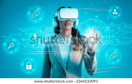 Metaverse technology. Ai machine learning technology. Businesswoman wear vr goggles headset hand touching on ai icon connecting and concrol world data.