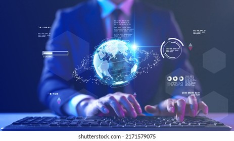 Metaverse technology and business presentation, businessman working at global meeting online internet hologram presentation for finance investment data GDP world's future technology solution - Shutterstock ID 2171579075