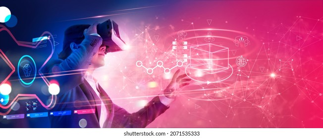 Metaverse Technology concept. Businessman use VR virtual reality goggle and experiences of metaverse virtual world for business future. Visualization, Virtual augmented reality on social network.