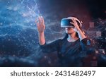 Metaverse technology concept. Woman with VR virtual reality goggles. Futuristic lifestyle.