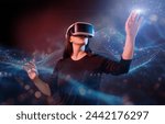 Metaverse technology concept. Woman with VR virtual reality goggles. Futuristic lifestyle.