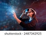 Metaverse technology concept. Woman with VR virtual reality goggles. Futuristic lifestyle.