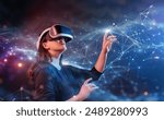 Metaverse technology concept. Woman with VR virtual reality goggles. Futuristic lifestyle.