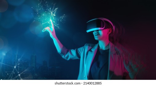 Metaverse technology concept. Woman with VR virtual reality goggles. Futuristic lifestyle. - Powered by Shutterstock