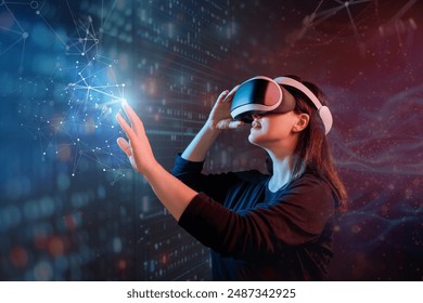 Metaverse technology concept. Woman with VR virtual reality goggles. Futuristic lifestyle. - Powered by Shutterstock