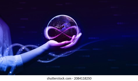 Metaverse Technology concepts. Hand holding virtual reality infinity symbol.New generation technology.Global network technology and  innovation. Elements furnished by NASA. - Shutterstock ID 2084118250