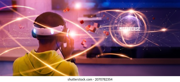 Konzepte der Metaverse-Technologie. Teenager spielen VR virtuelle Realität Google Kampf und Erfahrungen der metaverse virtuelle Welt auf bunte. Visualisierung und Simulation, 3D, AR, VR, Innovation der Futuristik.