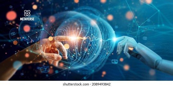 
Metaverse-Technologie, Hand von Roboter und Menschen verbunden auf Netzwerk-Metaverse, Technologischer Übergang zwischen Mensch und Roboter, Virtuelle Realität, Visualisierung Simulation, AI, AR, VR, von futuristischen.
