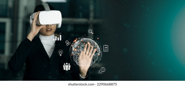 Metaverse technology. Virtual reality, businesswoman with vr headset, globalization or future business innovation touching connecting with virtual world big data dark green background. - Powered by Shutterstock