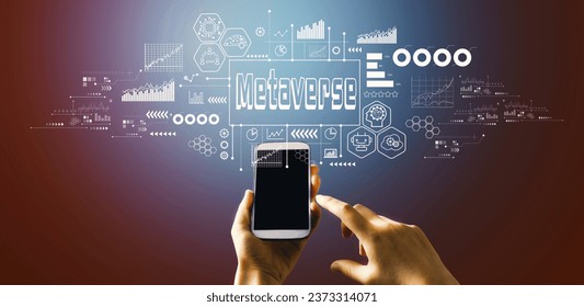 Metaverse theme with hand pressing a button on a technology screen