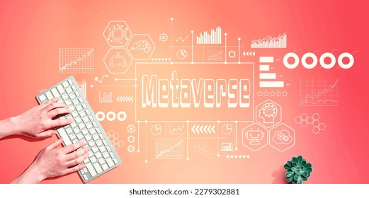 Metaverse theme with person using a computer keyboard