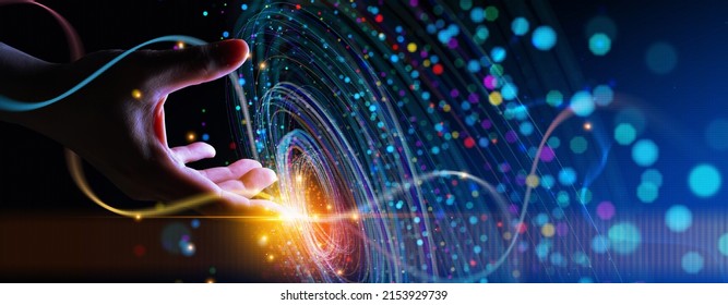 The metaverse universe, concept. Digital neural network.Business man hand touching Introduction of artificial intelligence. Cyberspace of future.Science and innovation of technology.