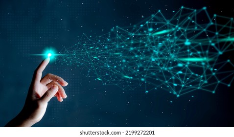 Metaverse universe innovative technology, Digital transformation concept hand touch line icon Innovation-inspired ideas Success starts with new ideas. based on data from the Internet Big Data. - Shutterstock ID 2199272201