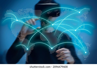 Metaverse virtual reality, augmented reality technology world connection. Man using VR glasses touch map.