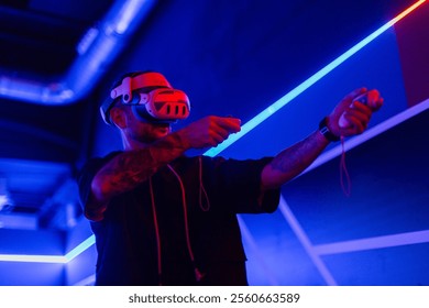 Metaverse, virtual reality glasses and a man with vr control futuristic gaming, cyber and 3d world. Gamer person with controller in hand for ar, digital experience and cyberpunk