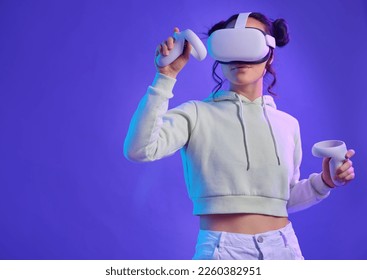 Metaverse, virtual reality glasses and a woman with mockup space for futuristic, cyber and digital world. Gamer person with hand controller for ar, 3d experience and cyberpunk purple background app - Powered by Shutterstock