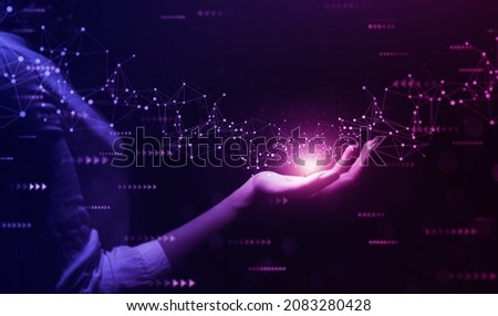 Metaverse Virtual Technology.Woman hand holding global network connection. Internet communication, Wireless connection technology. Futuristic technology with polygonal shapes.