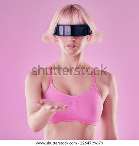 Metaverse, VR glasses and a woman with hand mockup for future scifi 3d gaming technology. Cyberpunk person pink background for digital transformation for cyber world virtual reality product placement