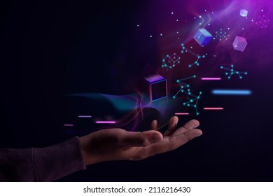 Metaverse, Web3 and Blockchain Technology Concepts. Opened Hand Levitating Virtual Objects. Futuristic Tone - Shutterstock ID 2116216430
