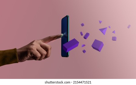 Metaverse, Web3 and Blockchain Technology Concepts. Person with an Experiences of Metaverse Virtual World via Smart Phone. Conceptual Photo