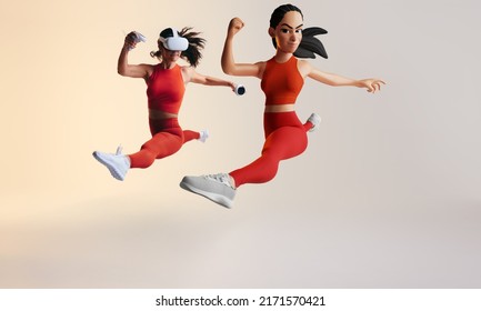 Metaverse workout session. Sporty young woman exploring virtual reality fitness games as a 3D avatar. Athletic young woman running with virtual reality goggles and controllers. - Shutterstock ID 2171570421