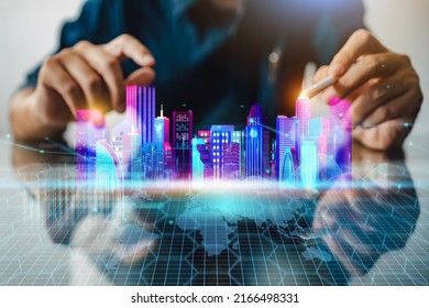 Metaverse World Virtual Reality Technology. Future Digital Data Of City Scape Cyber Industrial Nft And Internet Big Data Concept. 3D Illustration.