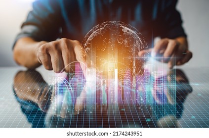 Metaverse World Virtual Reality Technology. Future Digital Data Of City Scape Cyber Industrial Nft And Internet Big Data Concept. 3D Illustration Business Technology Concept.