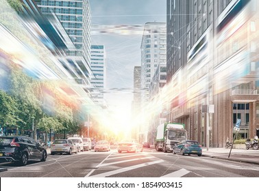 Metaverse,5G Concept, Meta, Types Of Data Flows Through The Streets, Cars Are Parked Among The Tall Buildings In This Business Area, People Working, Learning, At Home, Video Calls, Online Shopping