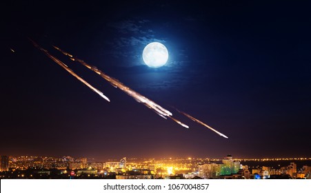 Meteor, Asteroid, Meteorite Shower Destroying City On Earth. Elements Of This Image Furnished By NASA.