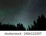 Meteor shower with 47 meteors falling through a star filled sky above a silhouette treeline of spruce and pine trees. The sky is pale green from a dis