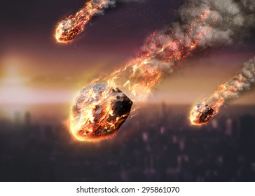 Meteor Shower Destroying City On Earth. Elements Of This Image Furnished By NASA