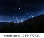 Meteor shower in the sky, apocalyptic view. Fantastic landscape with meteor trails. Many fireballs in the atmosphere.