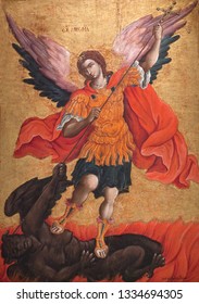 METEORA, GREECE - MARCH 17, 2018: Ancient painting with Archangel Michael from Cemetery Church, 17-th cent.