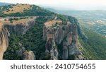 Meteora, Kalabaka, Greece. Monastery of St. Stephan. Meteora - rocks, up to 600 meters high. There are 6 active Greek Orthodox monasteries listed on the UNESCO list, Aerial View  
