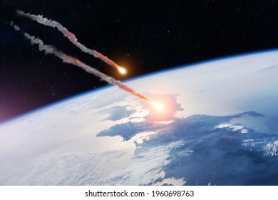 Meteorite entering the Earth's atmosphere and explosion, fragments burning with a plume of smoke. Elements of this image furnished by NASA - Powered by Shutterstock