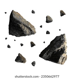 Meteorite stones, rocks floating in the air isolated on white background. A group of broken rocks and stones flying on space concept.