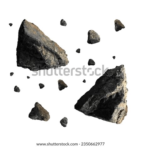 Meteorite stones, rocks floating in the air isolated on white background. A group of broken rocks and stones flying on space concept.