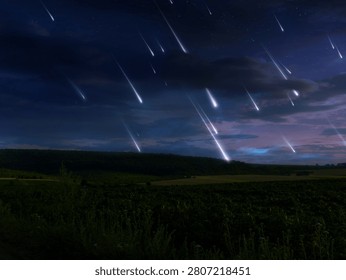 Meteorites in the evening sky over fields and forests. Meteor shower in the Earth's atmosphere. Flashes of bright shooting stars.