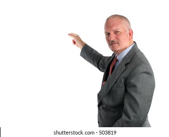 A Meteorologist Pointing To A  Map Or A Business Man Pointing To A Chart. (room For Weather Map Or Chart To Be Inserted)