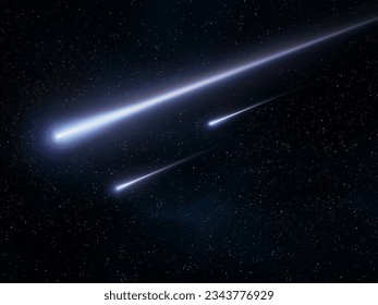 Meteors in the sky. Bright fireballs against the background of stars. Fall of meteorites. Beautiful shooting stars.