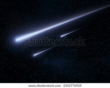 Meteors in the sky. Bright fireballs against the background of stars. Fall of meteorites. Beautiful shooting stars.