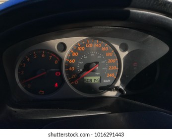 Meter Console: Speedometer Of Car In The Shadow And Light
