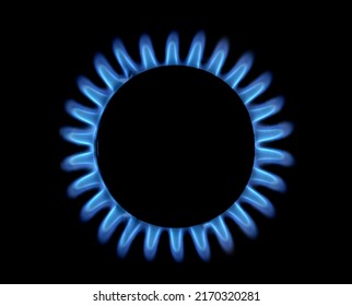 methane gas flame of a home cooker, top view, black background
				