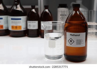 Methanol in glass,Hazardous chemicals and symbols on containers in industry or laboratory 
