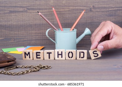  Methods. Wooden letters on dark background - Shutterstock ID 685361971