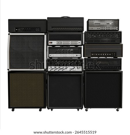 A meticulously arranged stack of various guitar amplifiers, showcasing a mix of head units and cabinets in black, beige, and silver, representing a diverse collection of audio equipment