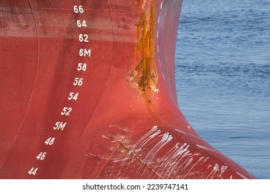 metric draft marks on the bow of an oceangoing freighter