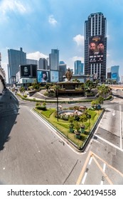 Metro Manila, Philippines - April 2021: The EDSA Shrine And Robinsons Galleria, Part Of The Ortigas CBD.