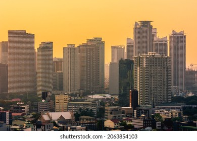 Metro Manila, Philippines - June 2021: Rockwell center in Makati during a hazy late afternoon.